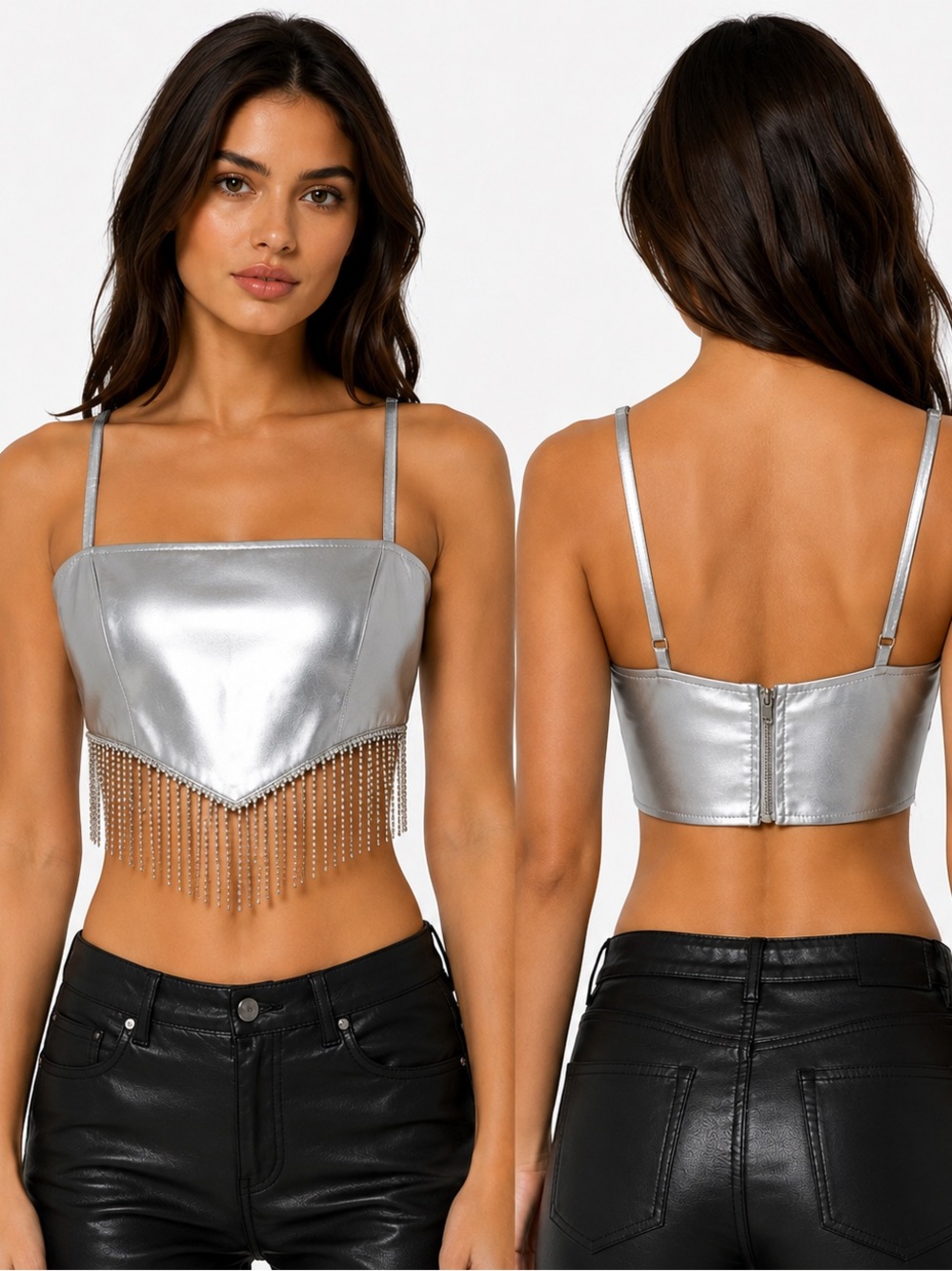 NWT Faux Silver Leather Rhinestone Fringe Crop Top Bear Dance Sz M